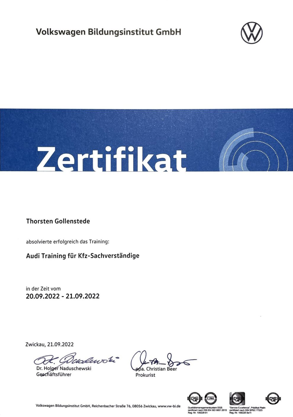 Zertifikate einer Fortbildung für Audi Kfzs