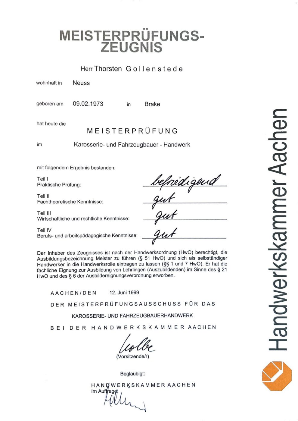 Meisterprüfungszeugnis ausgestellt von der Handelskammer Aachen
