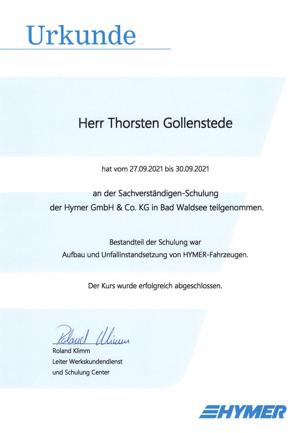 Urkunde über den Abschluss der Fortbildung zu Unfallschäden an Homer Fahrzeugen