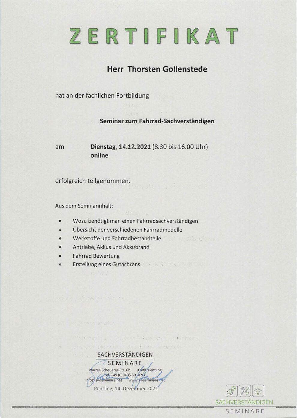 Zertifikate über den Abschluss der Fortbildung zu E-Bikes und Pedelecs