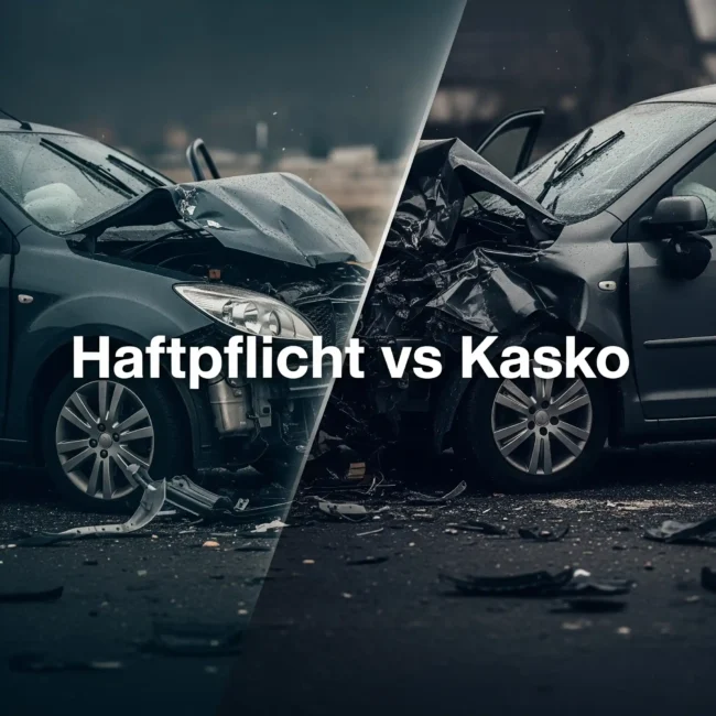 Zwei Fahrzeuge die kollidieren und in der Mitte steht die Überschrift "Haftpflicht vs Kasko"
