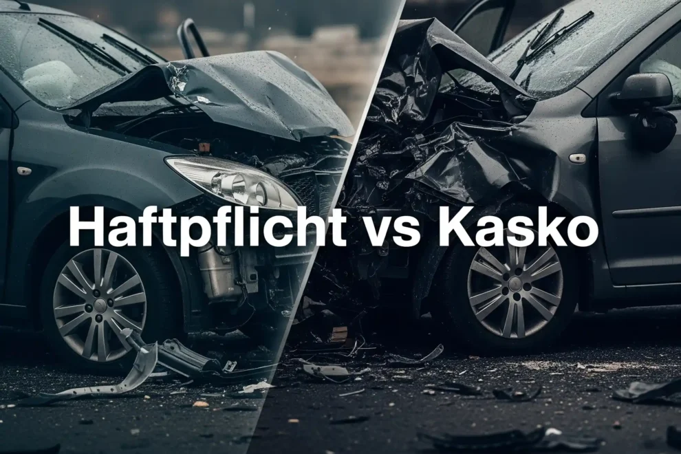 Haftpflicht vs Kasko Zwei Fahrzeuge die kollidieren und in der Mitte steht die Überschrift "Haftpflicht vs Kasko"