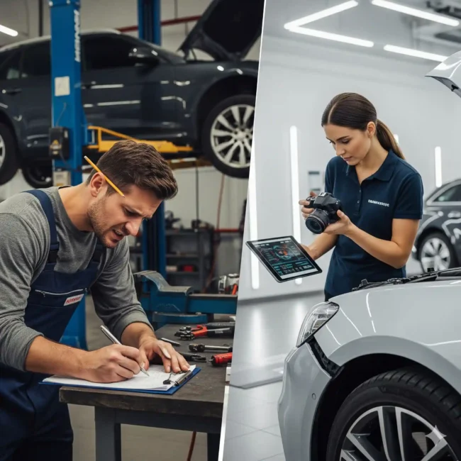 Bild mit einem Werkstattmitarbeiter und eine Gutachterin