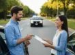 Bild mit zwei Menschen die neben Ihren Autos stehen und einen Bericht austauschen