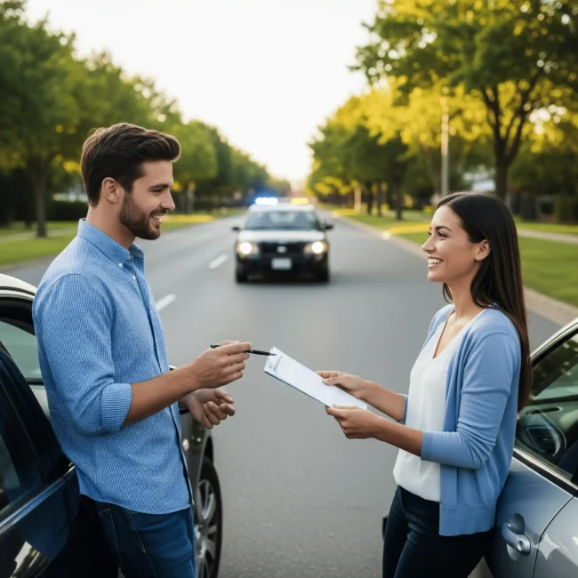 Bild mit zwei Menschen die neben Ihren Autos stehen und einen Bericht austauschen