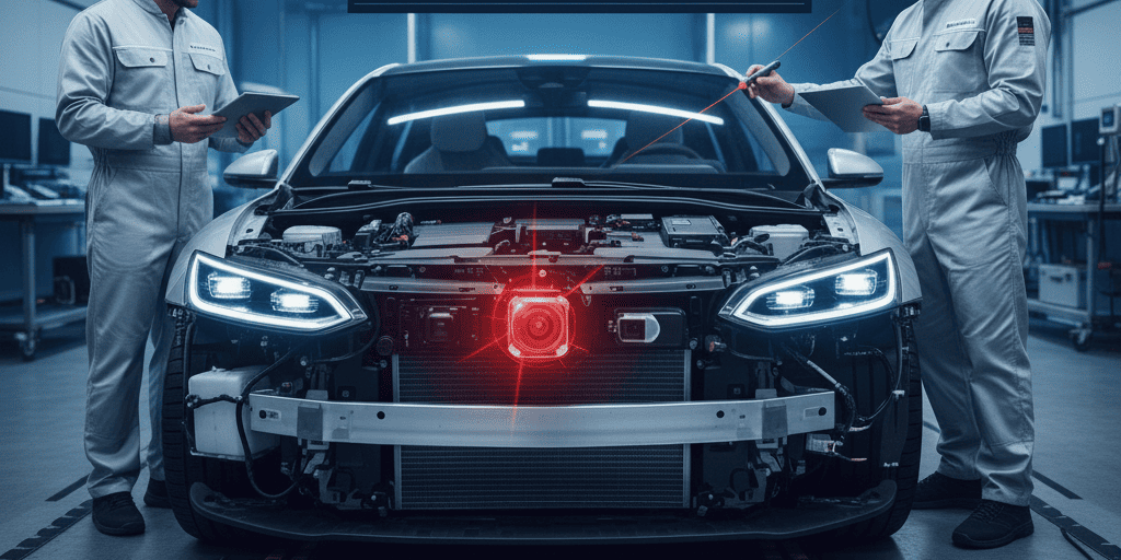 Gemini_Generated_Image_5q6go95q6go95q6g (1) Bild von einem Auto in der Werkstatt. Futuristisches Setting