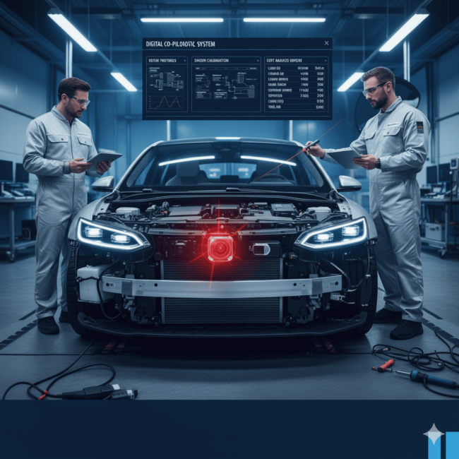 Bild von einem Auto in der Werkstatt. Futuristisches Setting