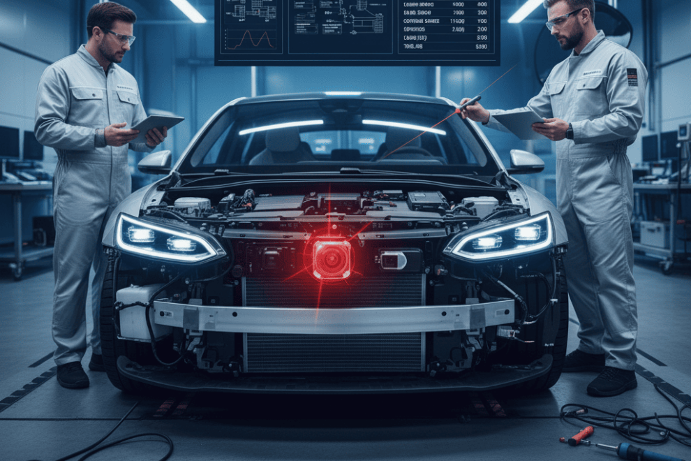 Gemini_Generated_Image_5q6go95q6go95q6g (1) Bild von einem Auto in der Werkstatt. Futuristisches Setting