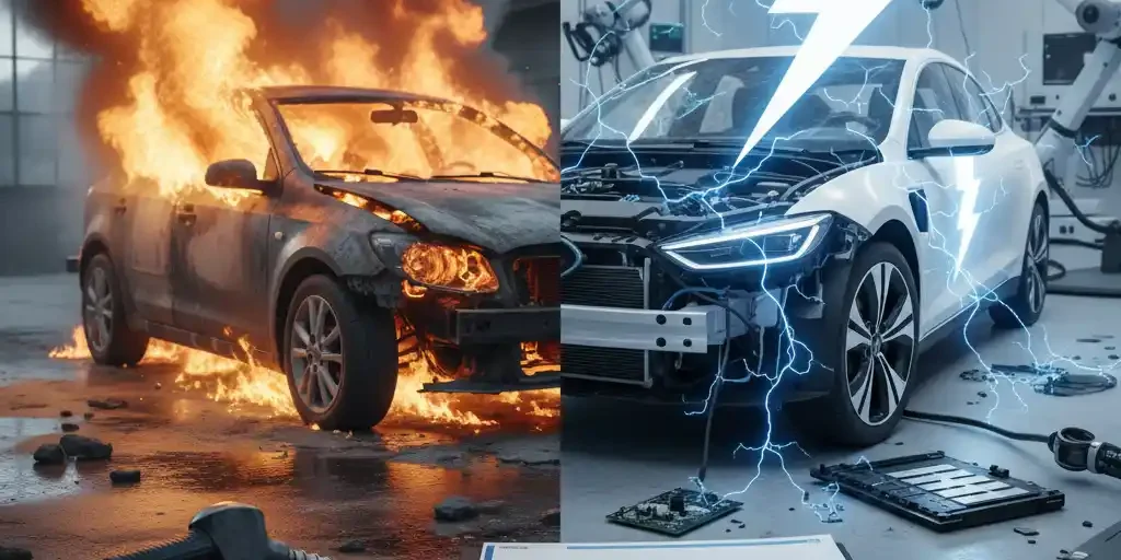 Analyse von Unfallschäden an Elektrofahrzeugen: Ein Gutachten zu den technischen, sicherheitsrelevanten und wirtschaftlichen Besonderheiten Bild mit zwei Autos, das rechte brennt und das rechte hat ein Blitz über seinem Kopf