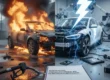 Bild mit zwei Autos, das rechte brennt und das rechte hat ein Blitz über seinem Kopf