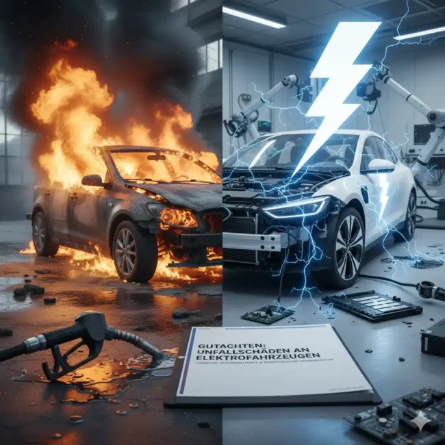 Bild mit zwei Autos, das rechte brennt und das rechte hat ein Blitz über seinem Kopf