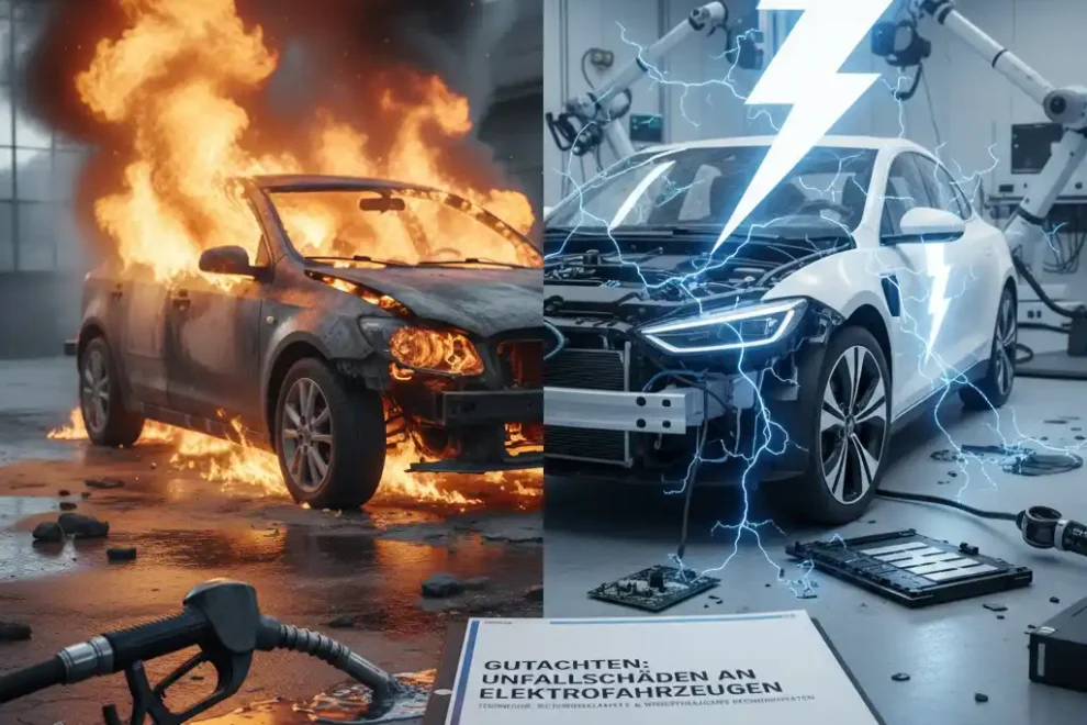 Analyse von Unfallschäden an Elektrofahrzeugen: Ein Gutachten zu den technischen, sicherheitsrelevanten und wirtschaftlichen Besonderheiten Bild mit zwei Autos, das rechte brennt und das rechte hat ein Blitz über seinem Kopf