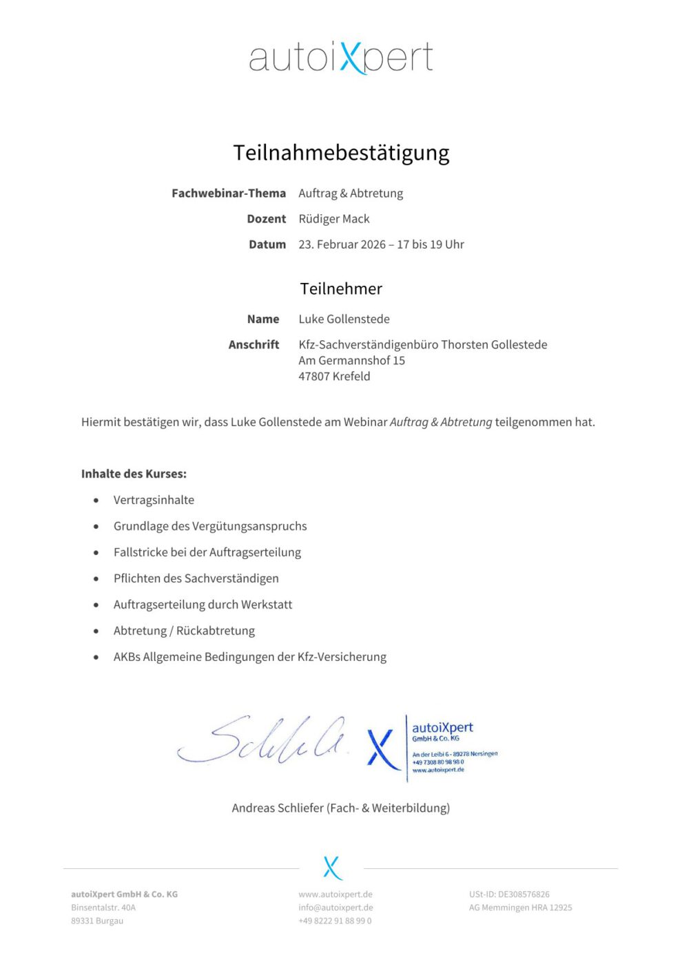 Teilnahmebesttigung Auftrag & Abtretung Luke Gollenstede